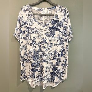 Nicole Miller Blouse 100% Linen Blue White Short Sleeve 1X Plus Size Nature Bird
